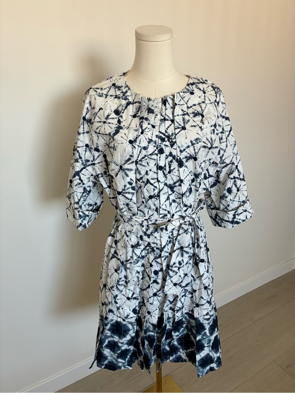 Thakoon Shibori Tie-Dye Button Front Belted Dress in Navy and White